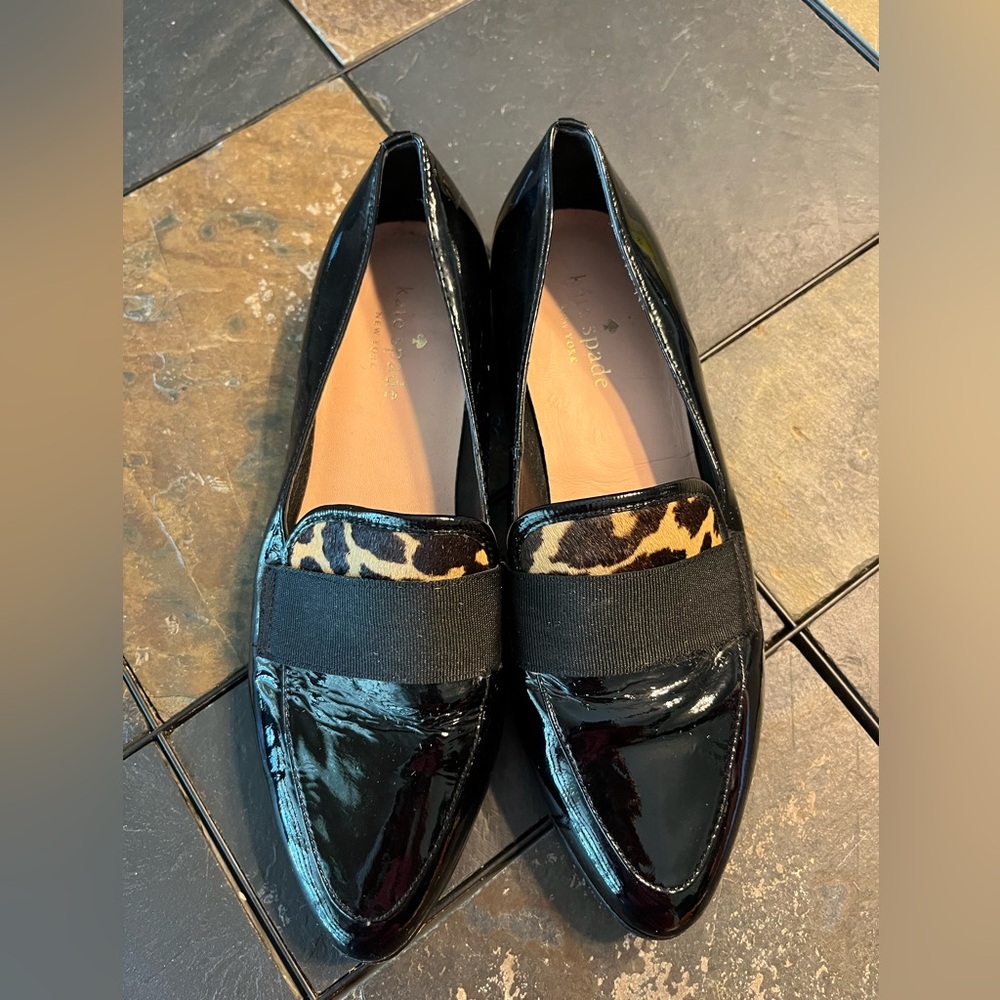 Kate Spade Black Patent Loafers with Leopard Detail